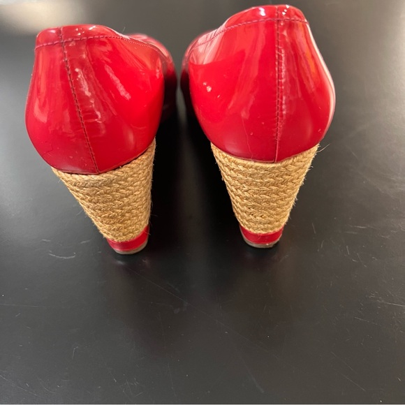 Prada Red Wedges Size 38 Red Patent Leather Peep Toe Espadrilles Made In Italy - Picture 10 of 14